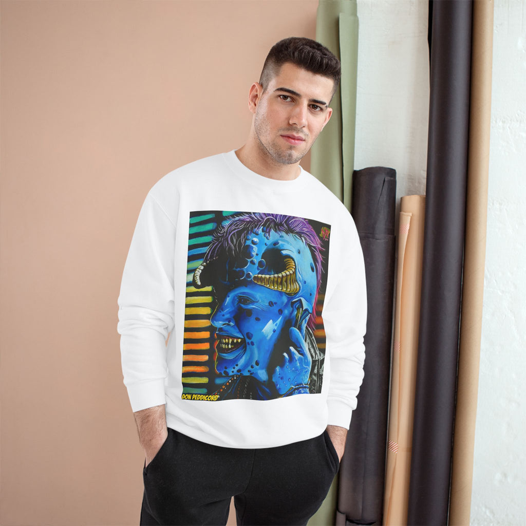 Maurice Champion Crewneck Sweatshirt — Neon Blue Horror Portrait Graphic