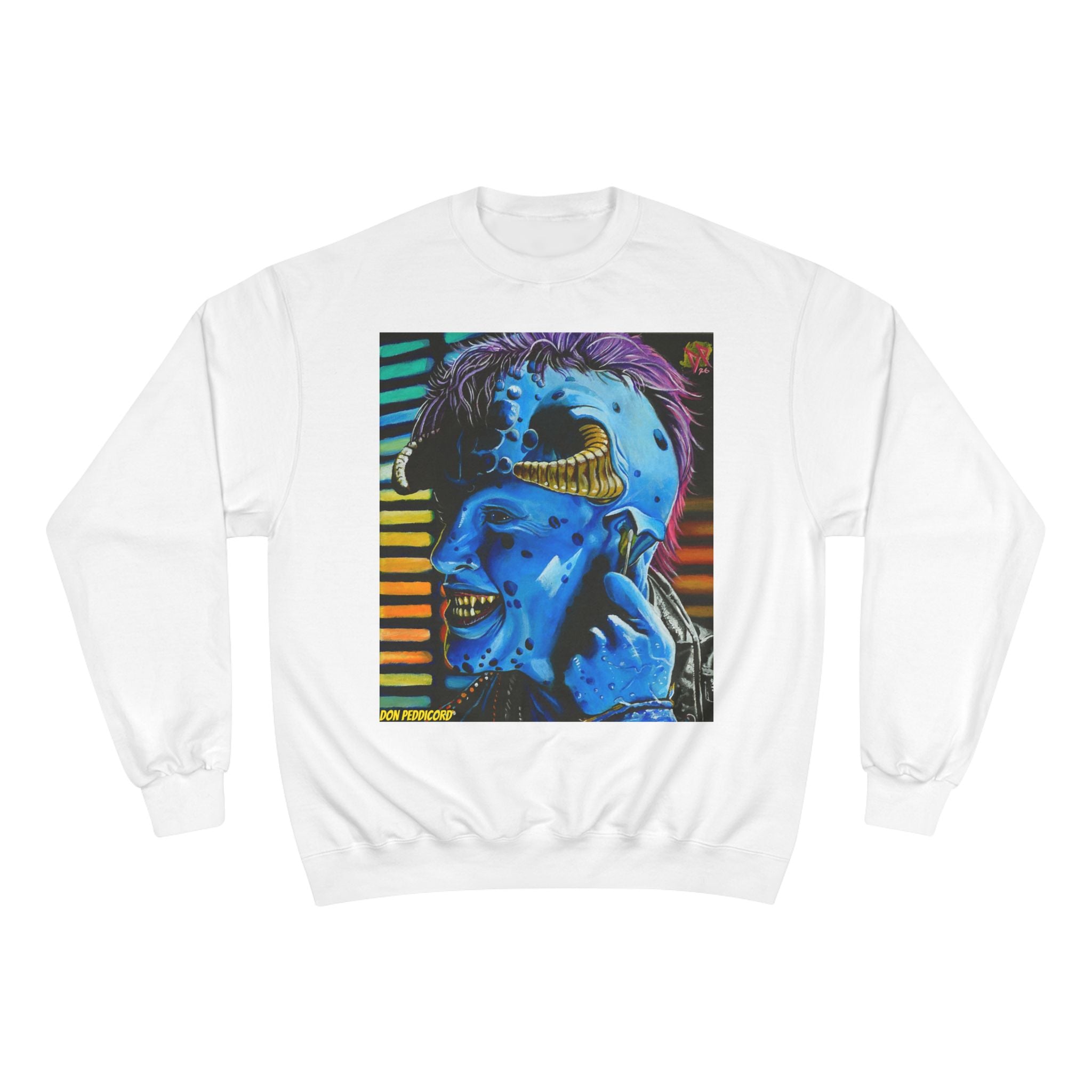 Maurice Champion Crewneck Sweatshirt — Neon Blue Horror Portrait Graphic