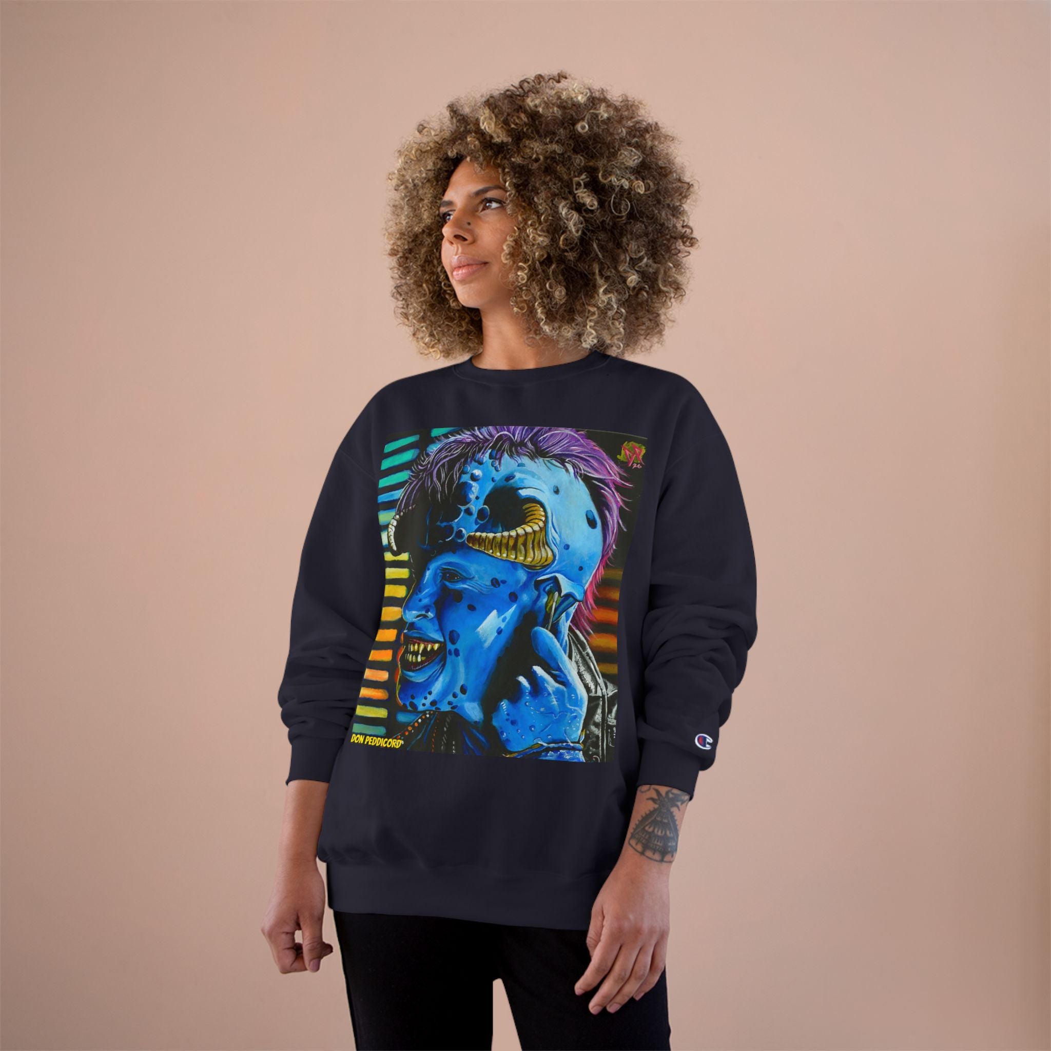 Maurice Champion Crewneck Sweatshirt — Neon Blue Horror Portrait Graphic