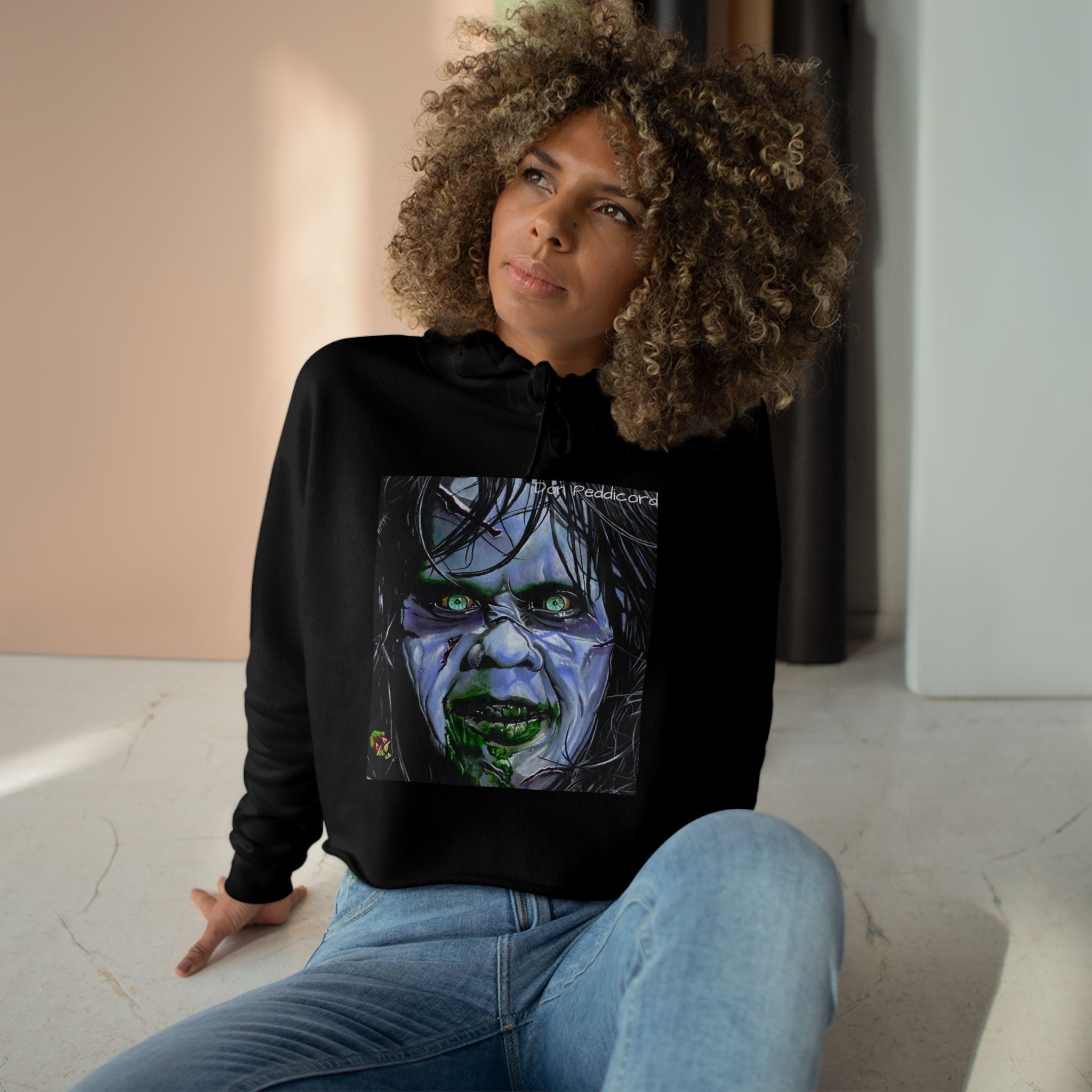 Regan — Haunted Green-Eyed Demon Portrait Crop Hoodie