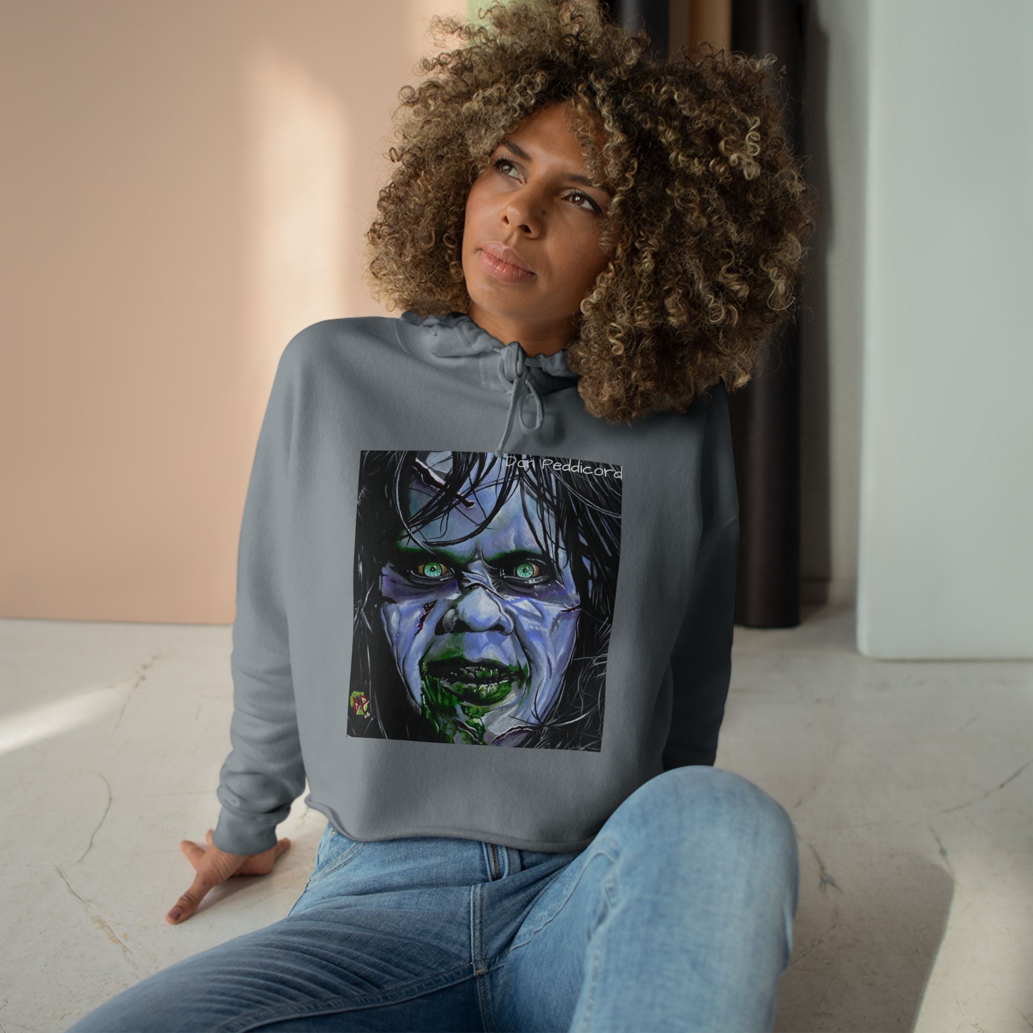 Regan — Haunted Green-Eyed Demon Portrait Crop Hoodie