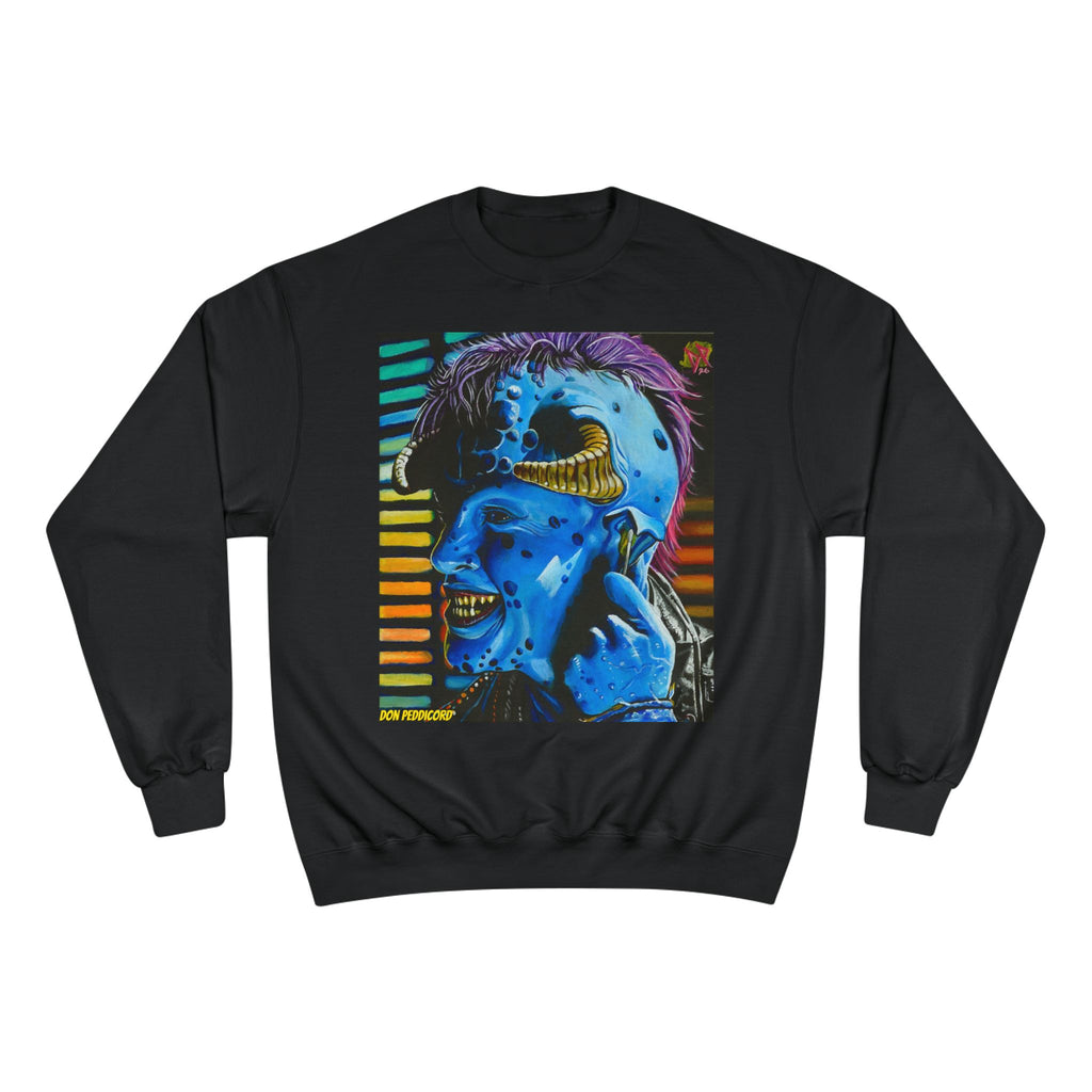 Maurice Champion Crewneck Sweatshirt — Neon Blue Horror Portrait Graphic