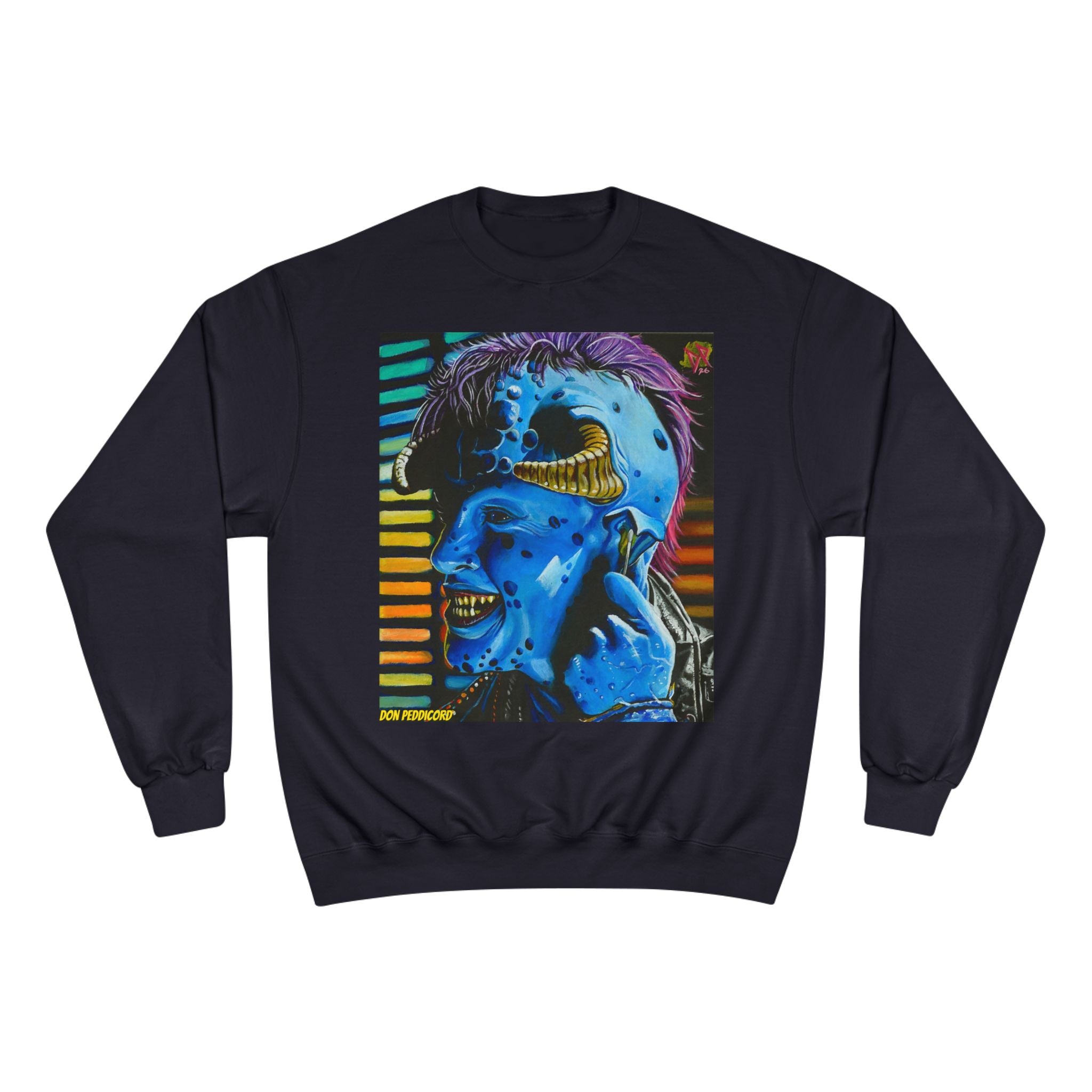 Maurice Champion Crewneck Sweatshirt — Neon Blue Horror Portrait Graphic